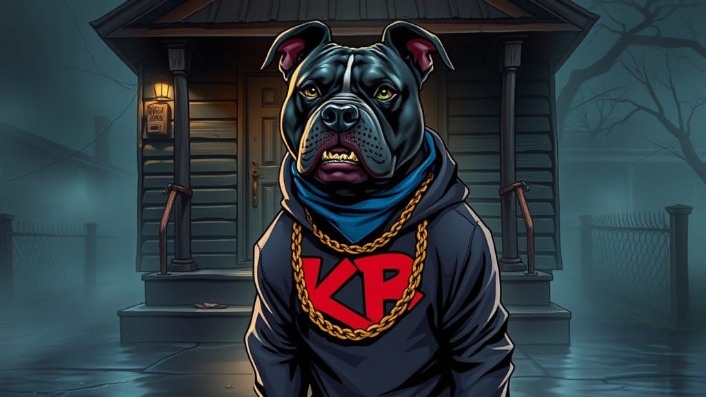 Fearsome Pit Bull Rapper in Gritty Urban Setting
