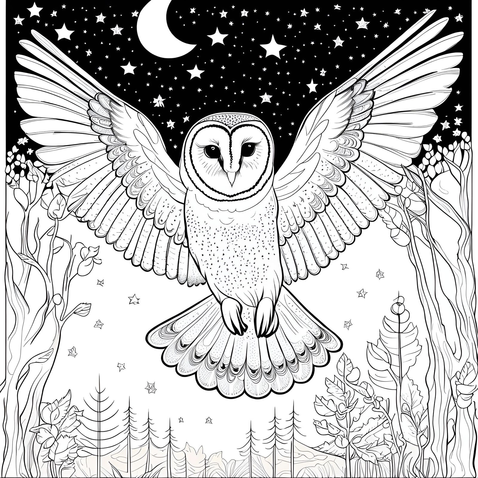 Barn Owl in Starry Forest: Art Brut Illustration