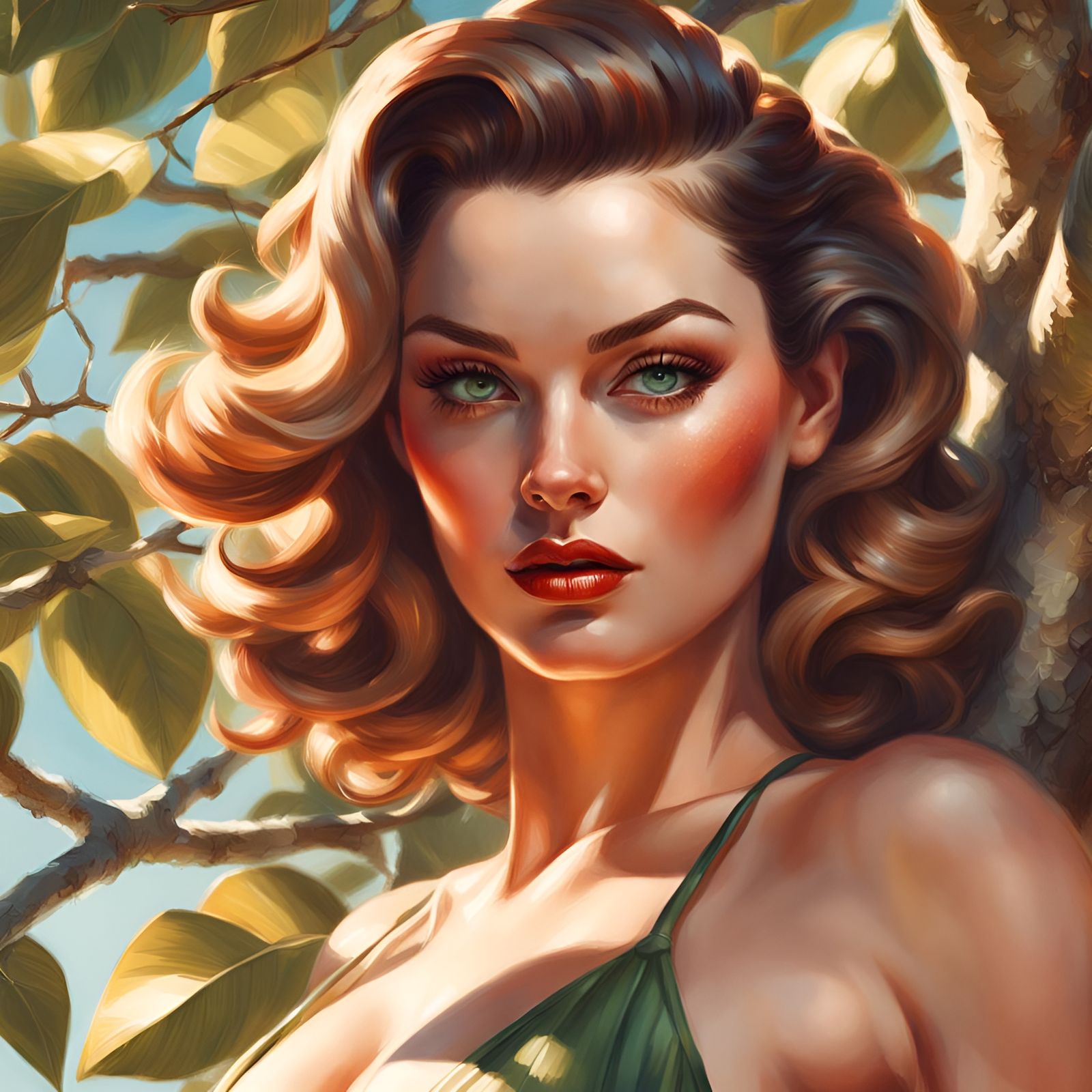 Woman in Tree: Pin-Up Portrait in Elvgren Style