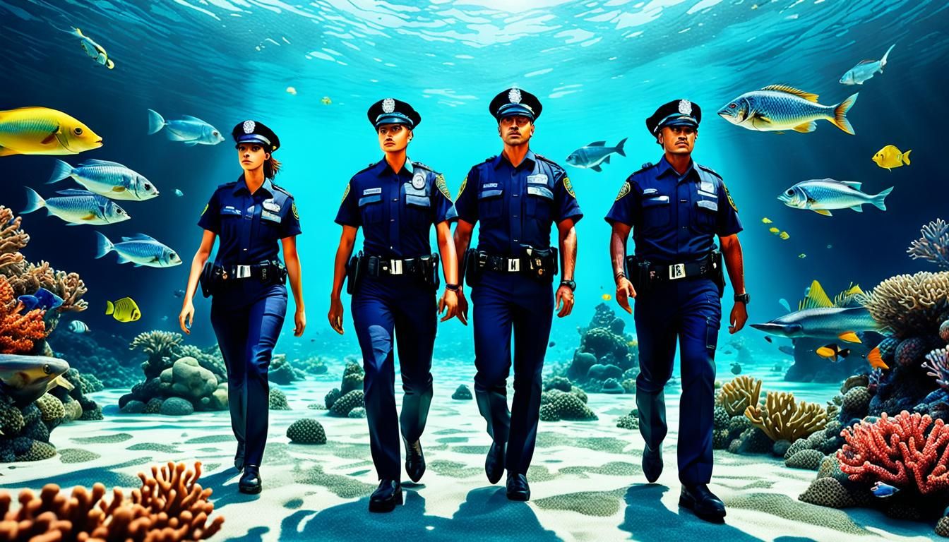 Underwater Police Scene with Tropical Reef, Digital Art
