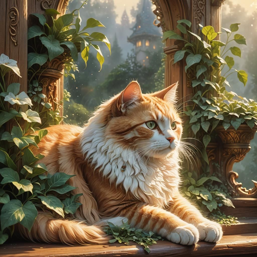 Cat in Ethereal Cottagecore Window Scene