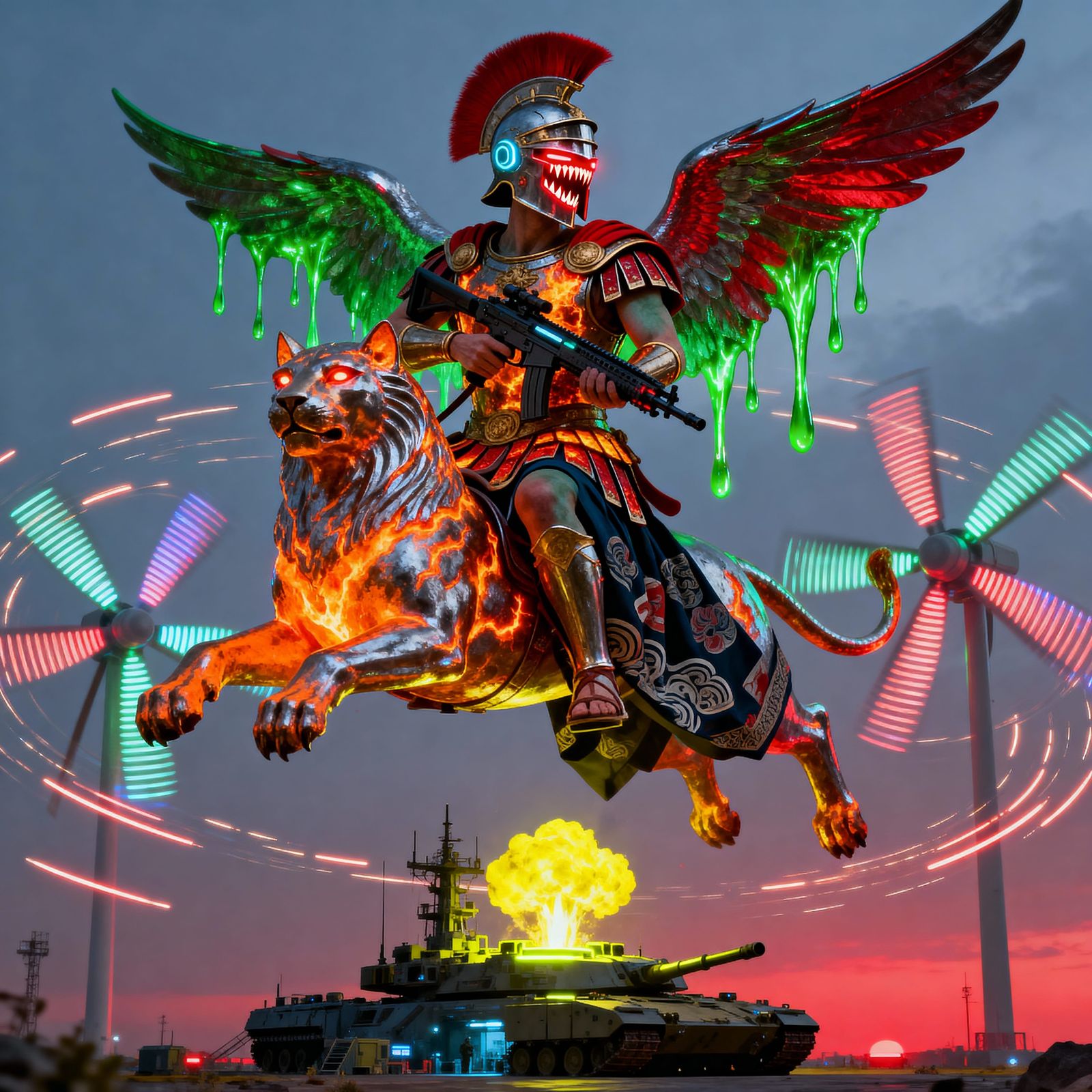 Alien Roman Emperor on Winged Sphinx in Sci-Fi Battle