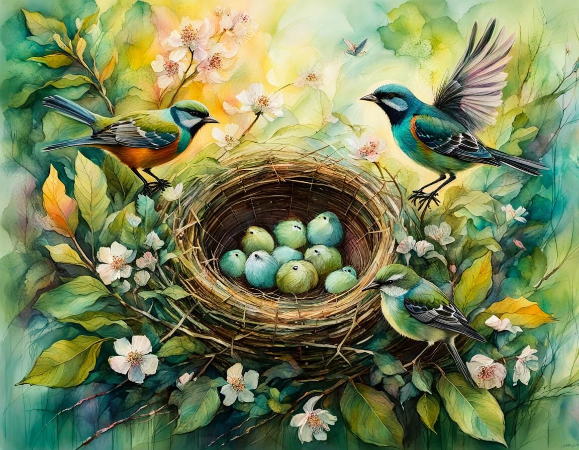 Birds in a Blooming Garden, Mixed Media Collage