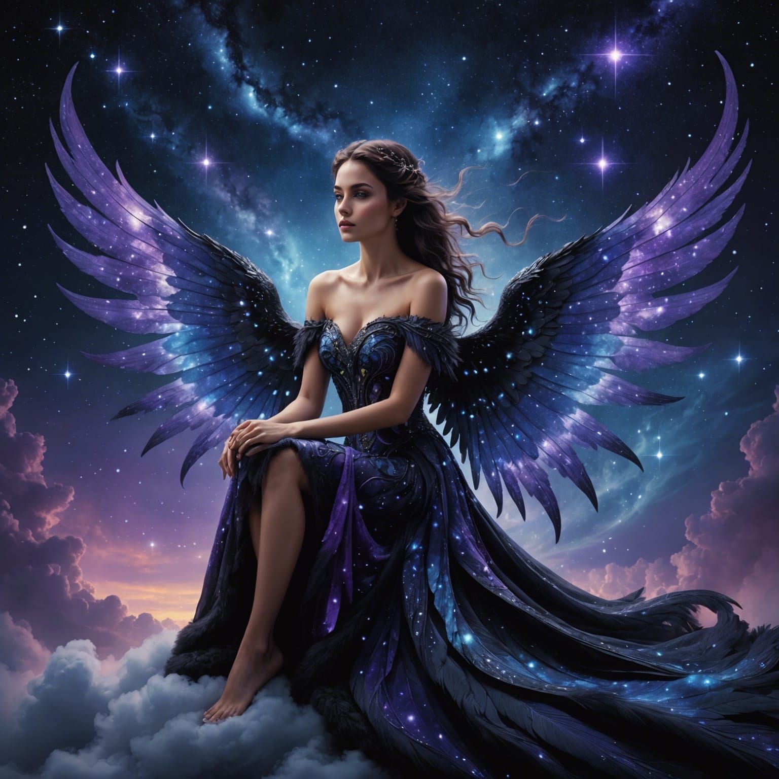 Galactic Winged Woman on Cloud, Detailed Digital Art