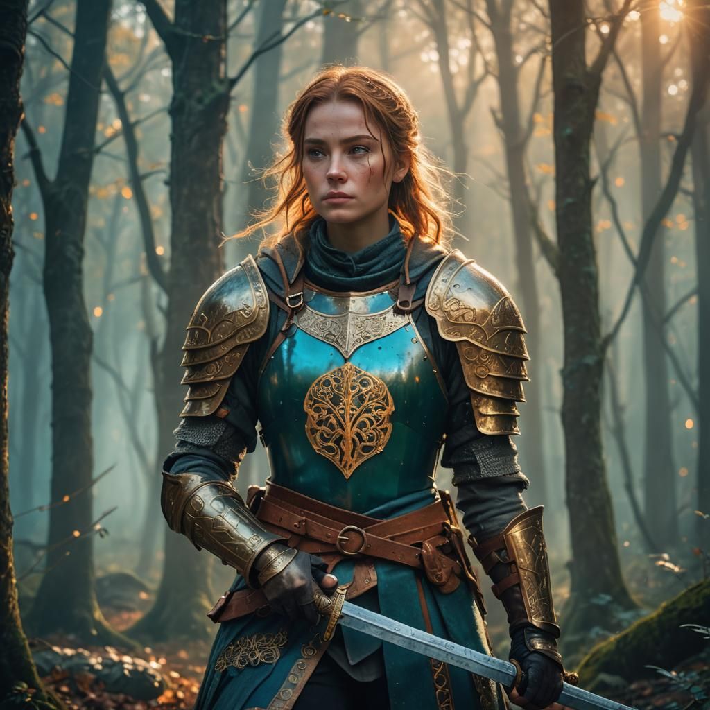 Medieval Lady Warrior in Mystical Forest