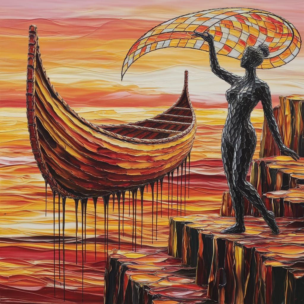 Vibrant Oil Painting of an Iron Canoe in a Dynamic Landscape