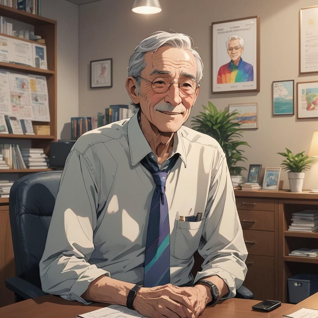 Happy Older Man in Therapy: Anime Cel-Shaded Art