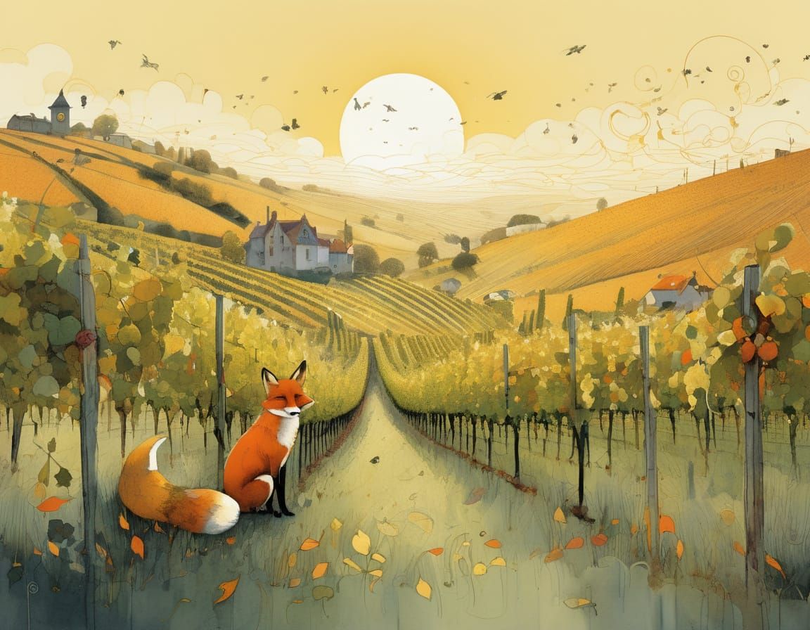 Vibrant Autumn Foxes in Whimsical Vineyard Scene
