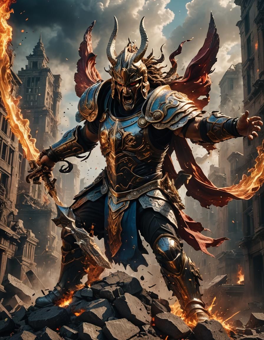 Ares, God of War, Wreaking Havoc in Ruined Cityscape