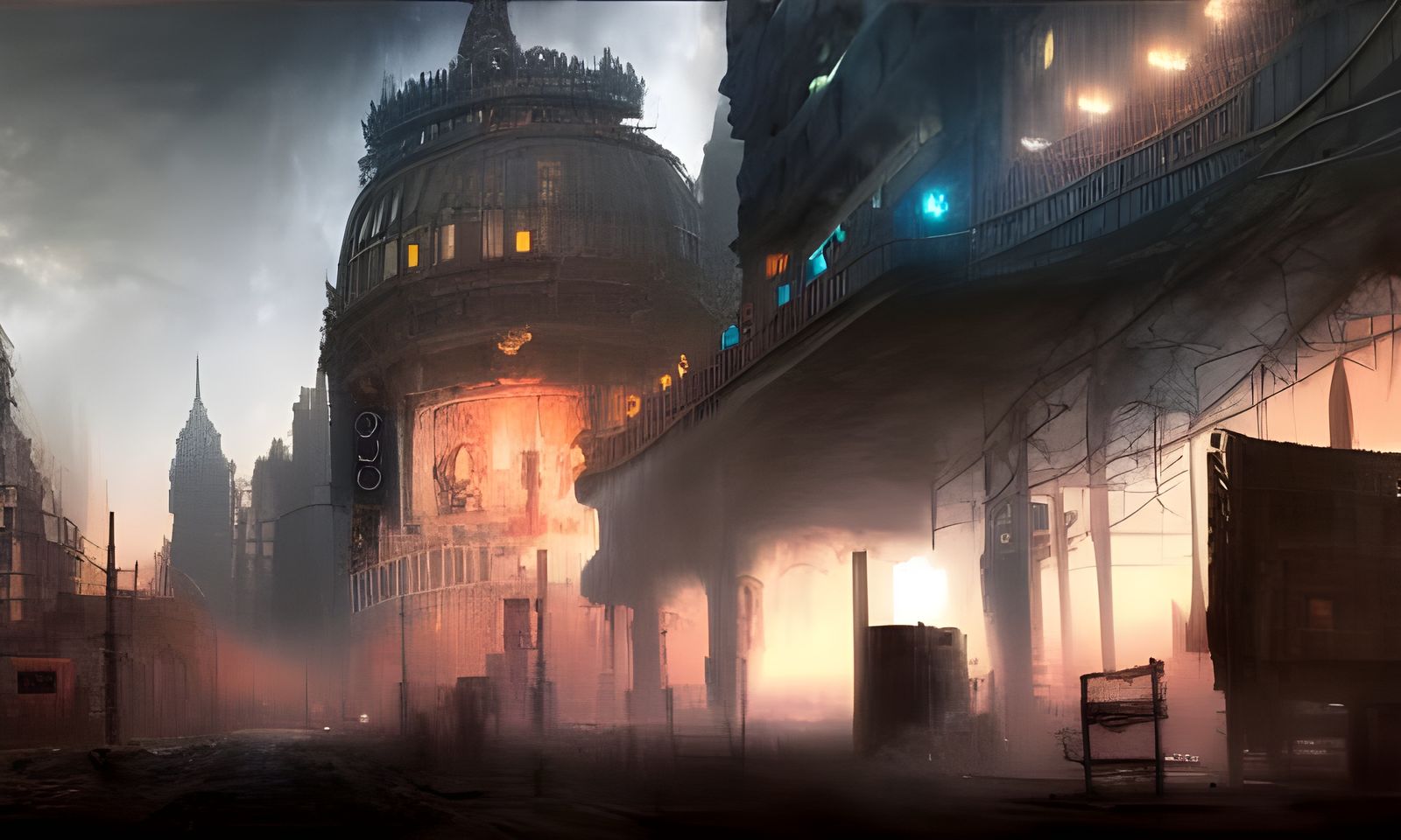 Post-Apocalyptic Cityscape Painting in Ghibli Style