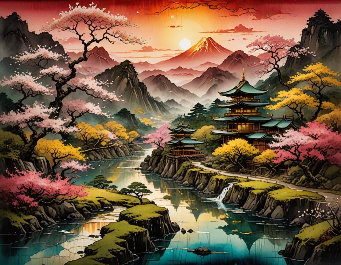 Vibrant Spring Landscape in Golden Glasswork