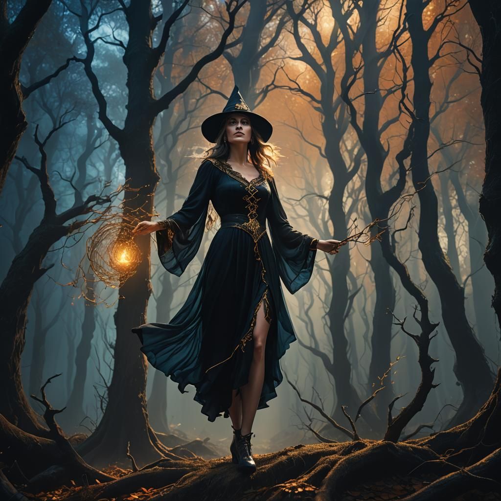 Mystical Witch in Glowing Forest: Matte Painting