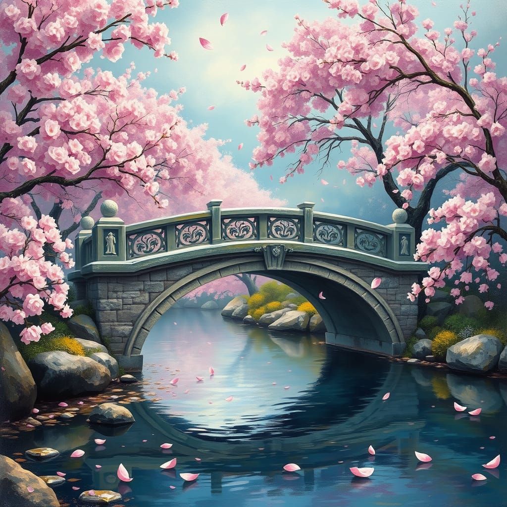 Fairytale Bridge Over Crystal River, Impasto Painting