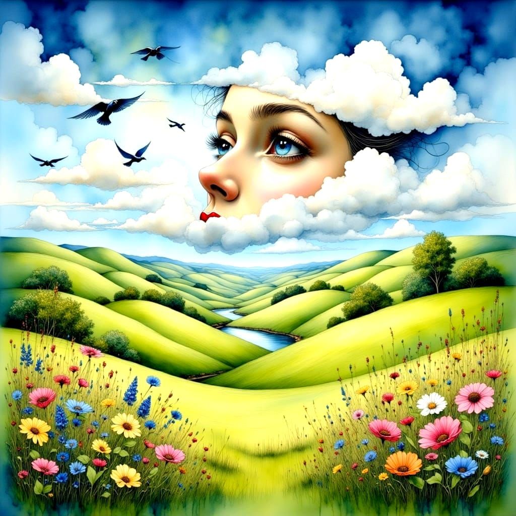 Enchanting Female Figure Amidst Whimsical Cloudscapes and Ve...