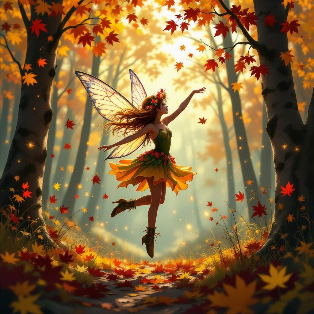 Forest Fairy Dancing in Autumn Landscape