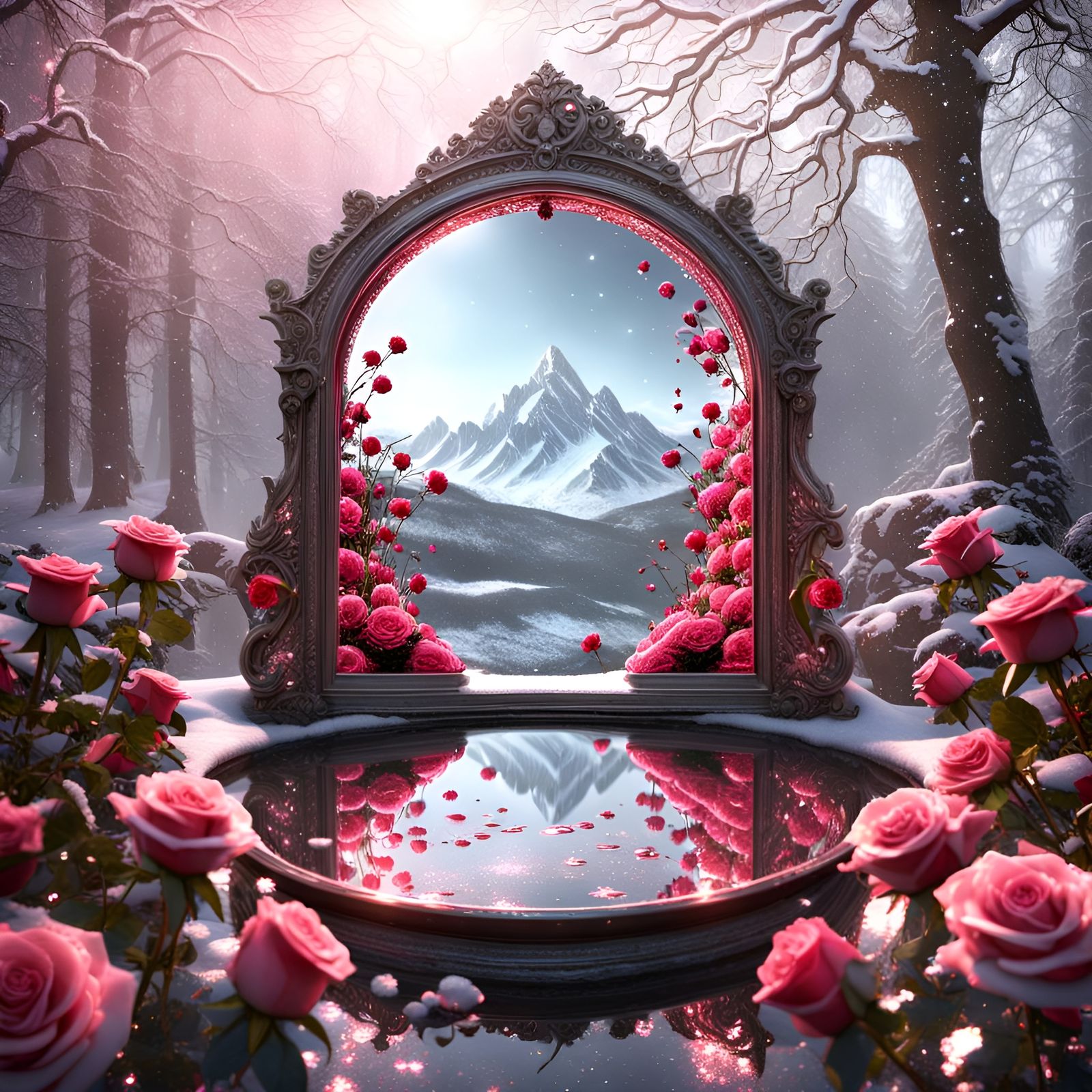 Crystalline Mirror Reflecting a Winter Rose Garden