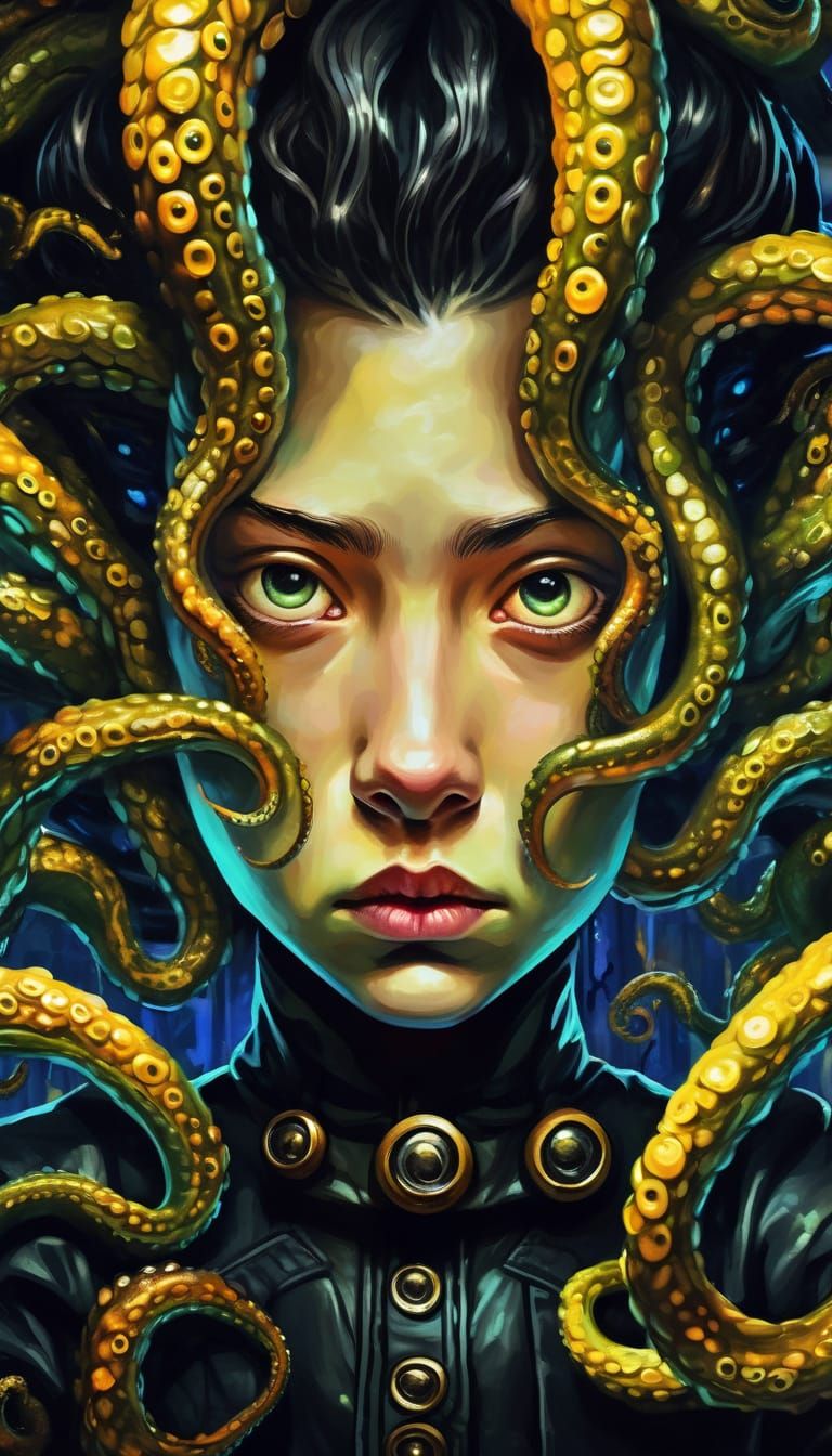Surreal Tomboy with Tentacles in Vibrant Oil Painting