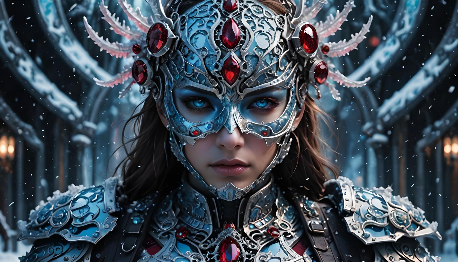 Biomechanical Jewel-Armored Girl in Snow, Hyperrealistic