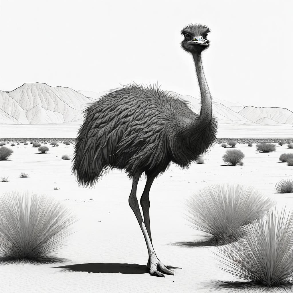 Ostrich in Desert: Black and White Line Art