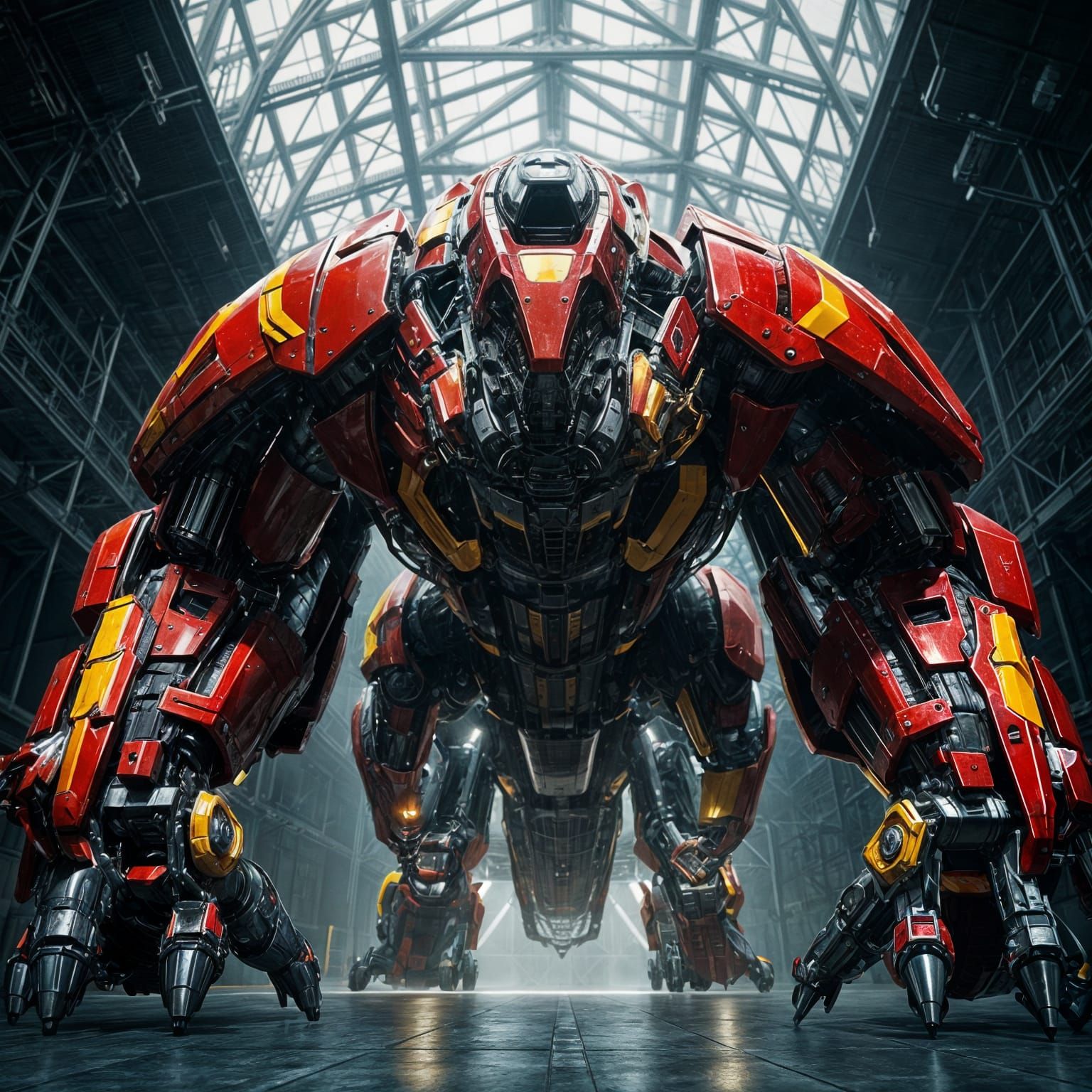 Cybernetic Beast Unveiled in Dark Hangar