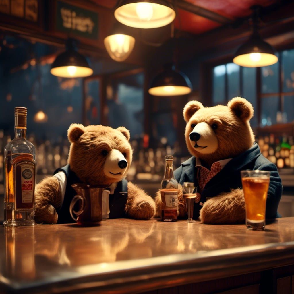 Two Teddy Bears Drinking at Bar with Atmospheric Light