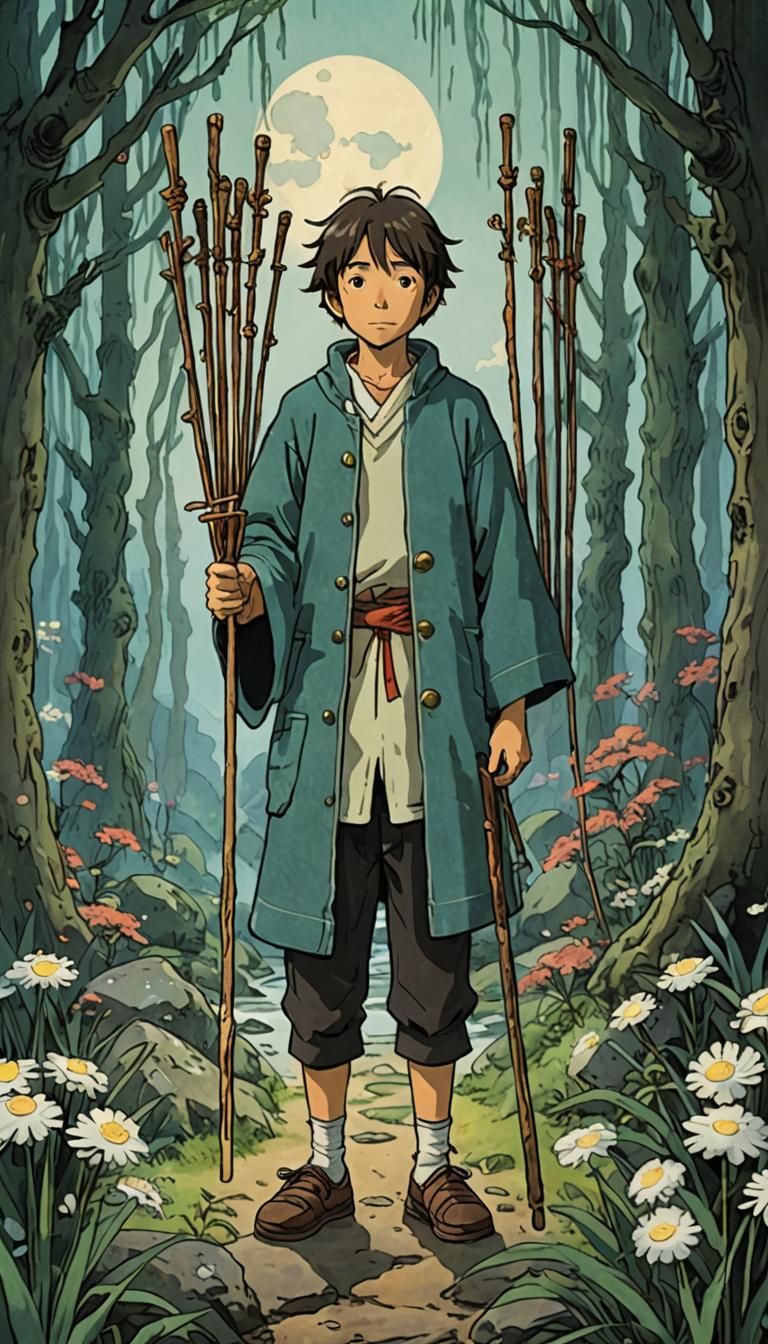 Ten of Wands Tarot Card in Ghibli Style