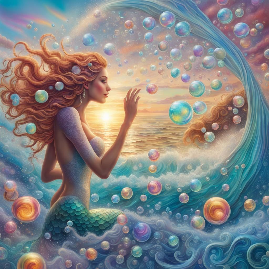 Mermaid Emerges from Waves in Holographic Illustration