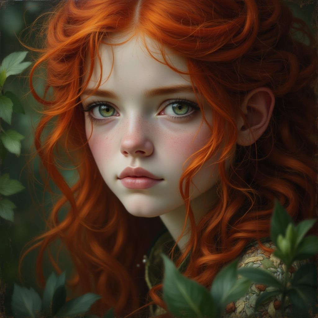 Ethereal Forest Goddess with Red Hair in Impressionism