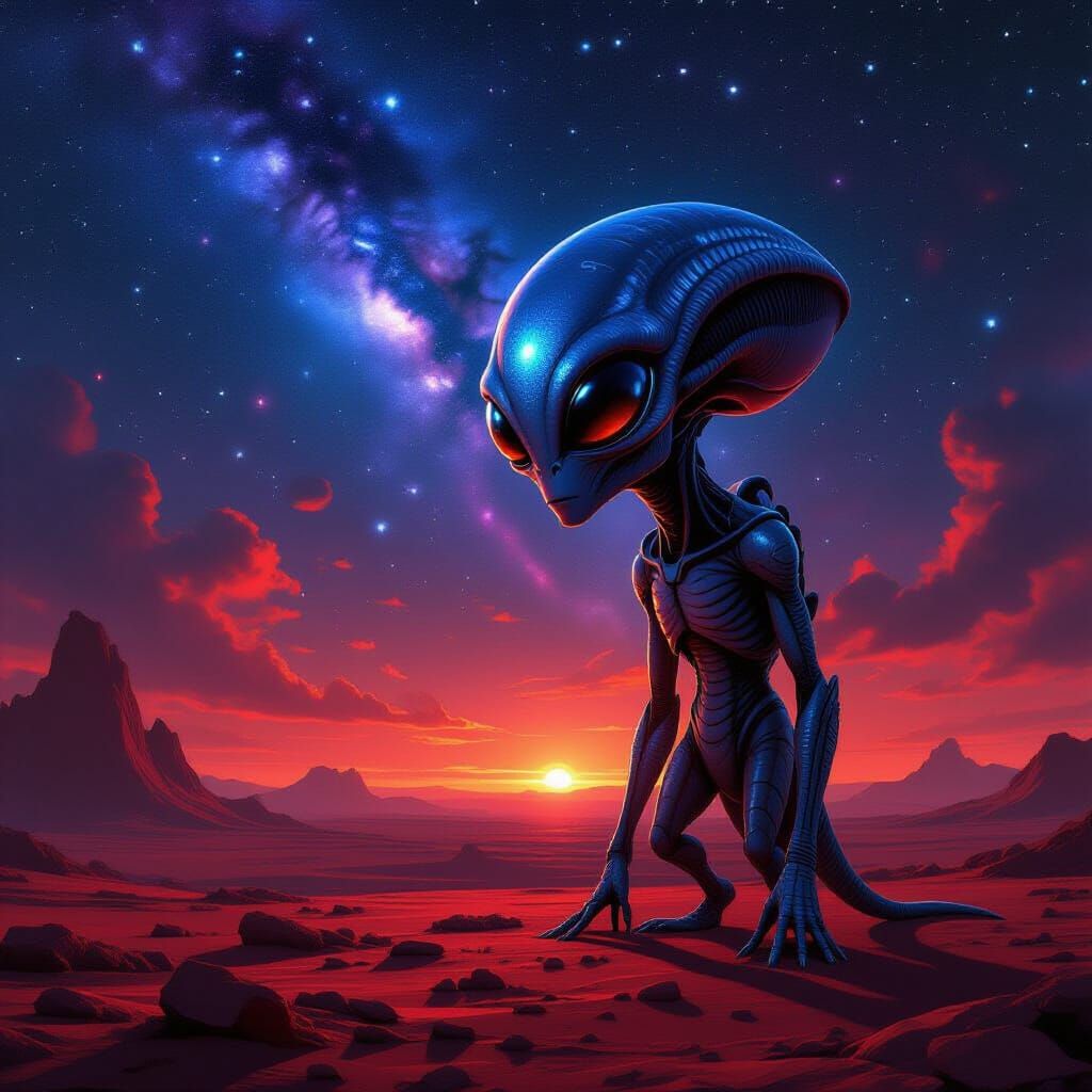 Bioluminescent Alien on Crimson Planet in Digital Matte Pain...