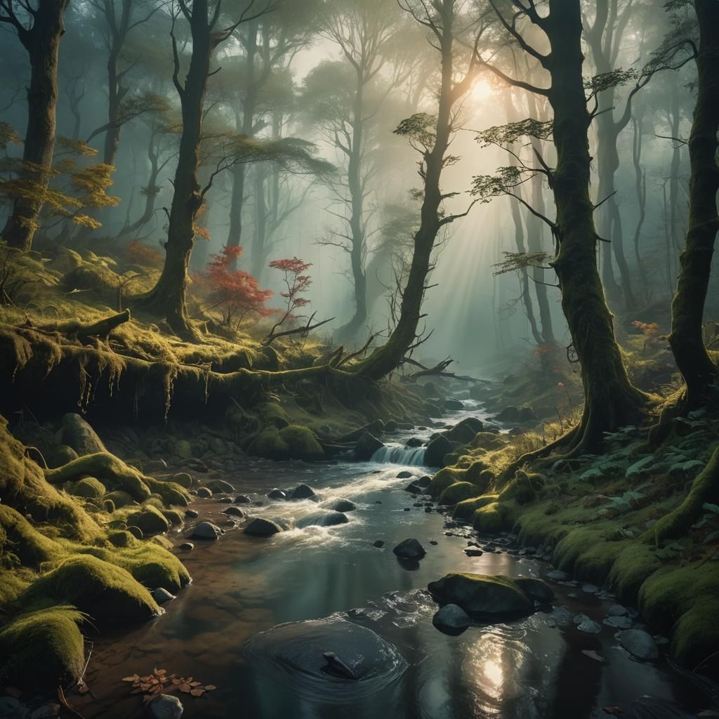 Mystical Forest Stream in Expressionist Style