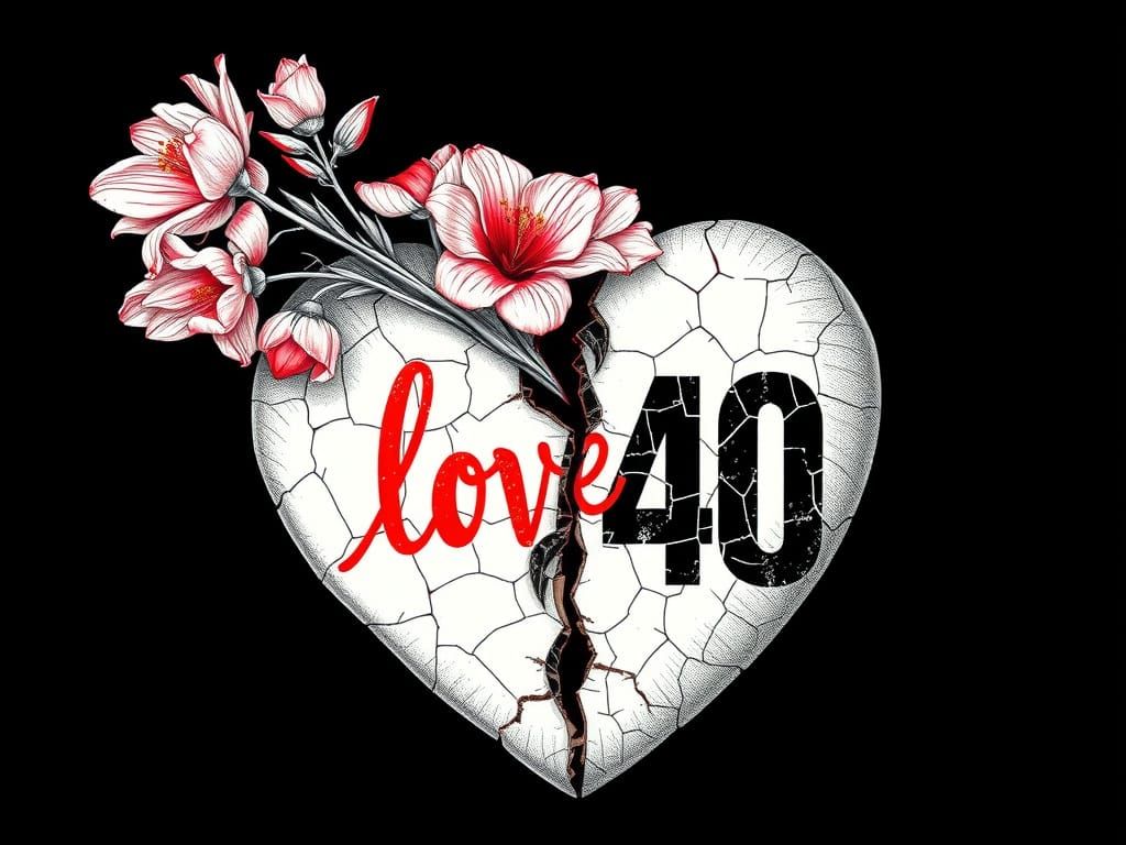 Broken Heart in Glitch Art Style with Wilting Flowers and Er...