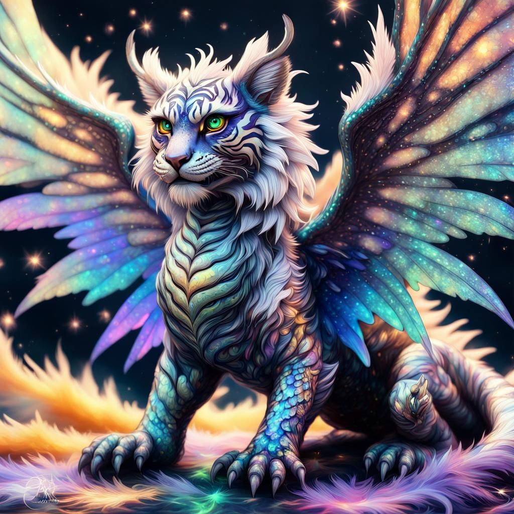 Winged Tiger Dragon with Iridescent Stars, Fantasycore Art