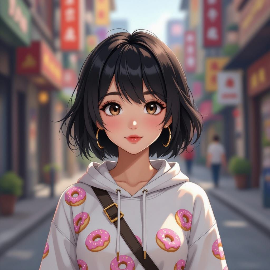 Anime Style Woman With Donut Sneakers and Bag