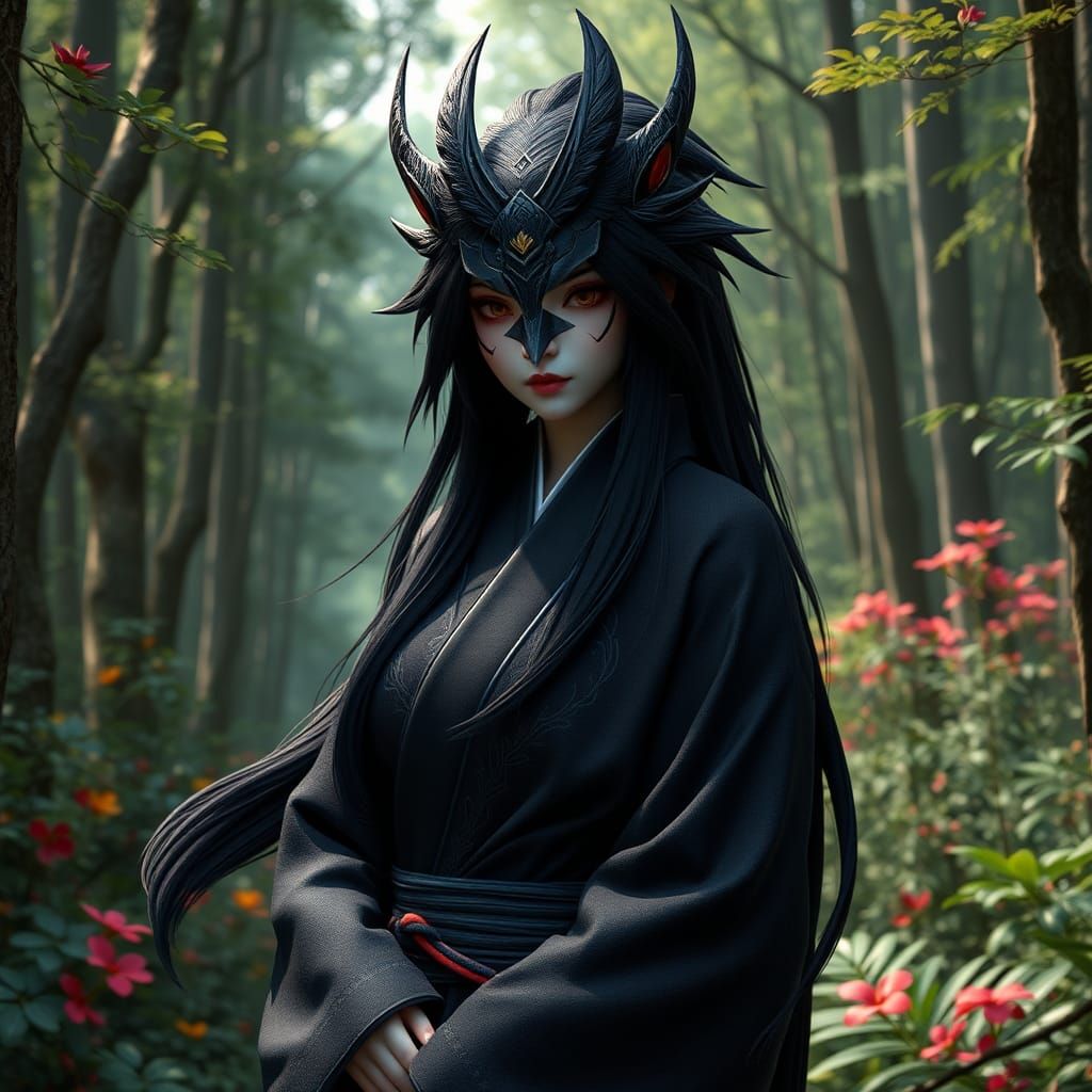 Tengu Ninja in Forest, Genshin Impact Style