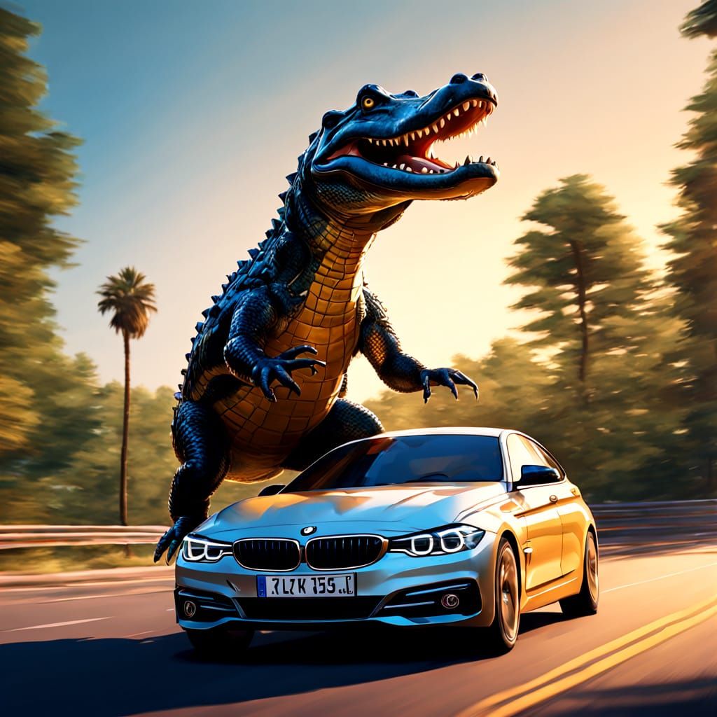 Alligator Drives BMW at High Speed, Digital Art