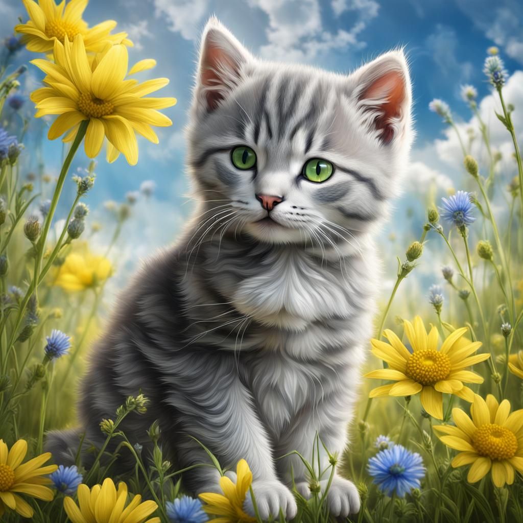 Gray Kitten with Green Eyes in Flower Field