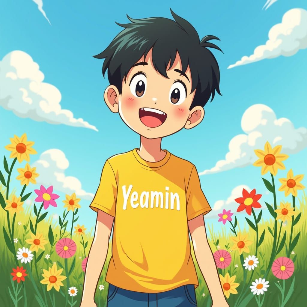 Cheerful Anime Boy in Sunny Meadow