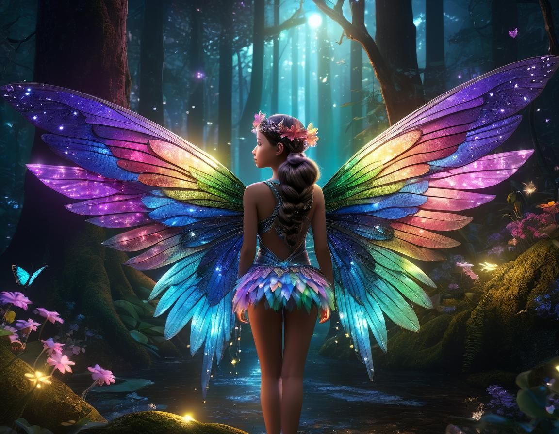 Moonlit Fairy with Rainbow Wings in Enchanted Forest