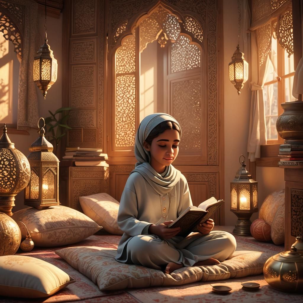 Muslim Girl Reading Quran in Pixar Animation Style