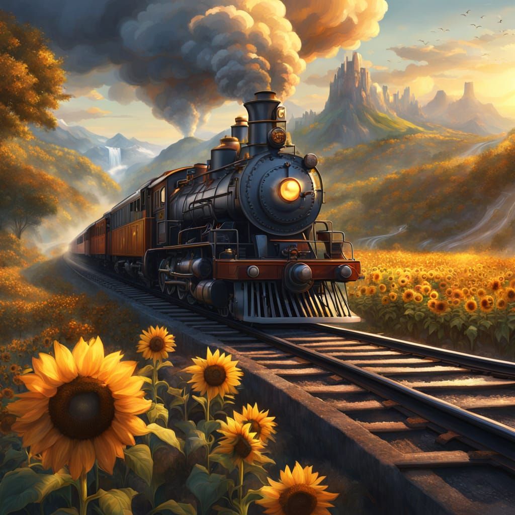 Steamtrain in Golden Light, Passing Through Mountains and Wa...