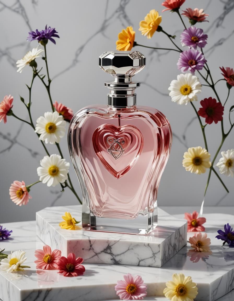 Heart Perfume Bottle Product Shot with Flowers