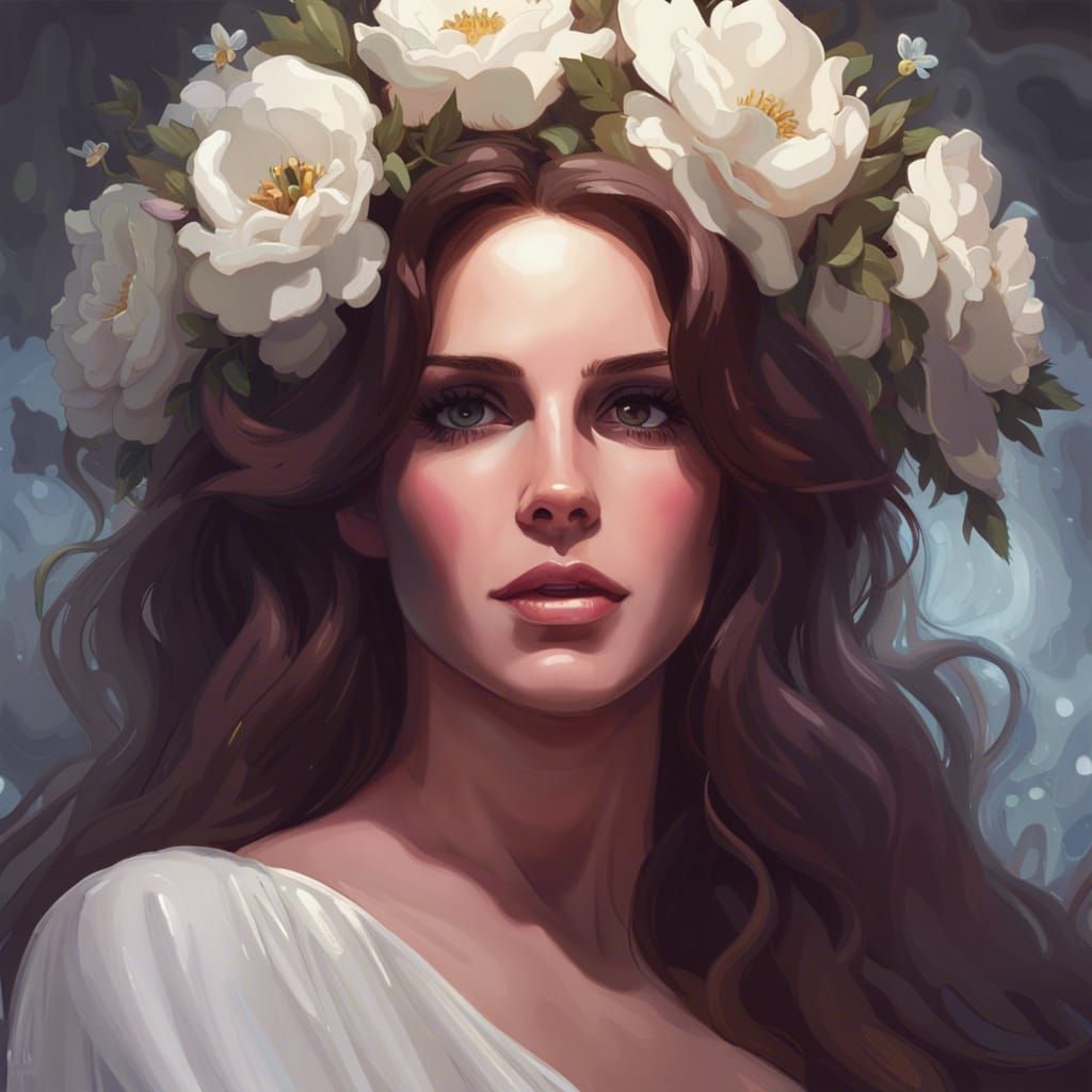 Woman in Gown and Flower Crown, Art Nouveau Style