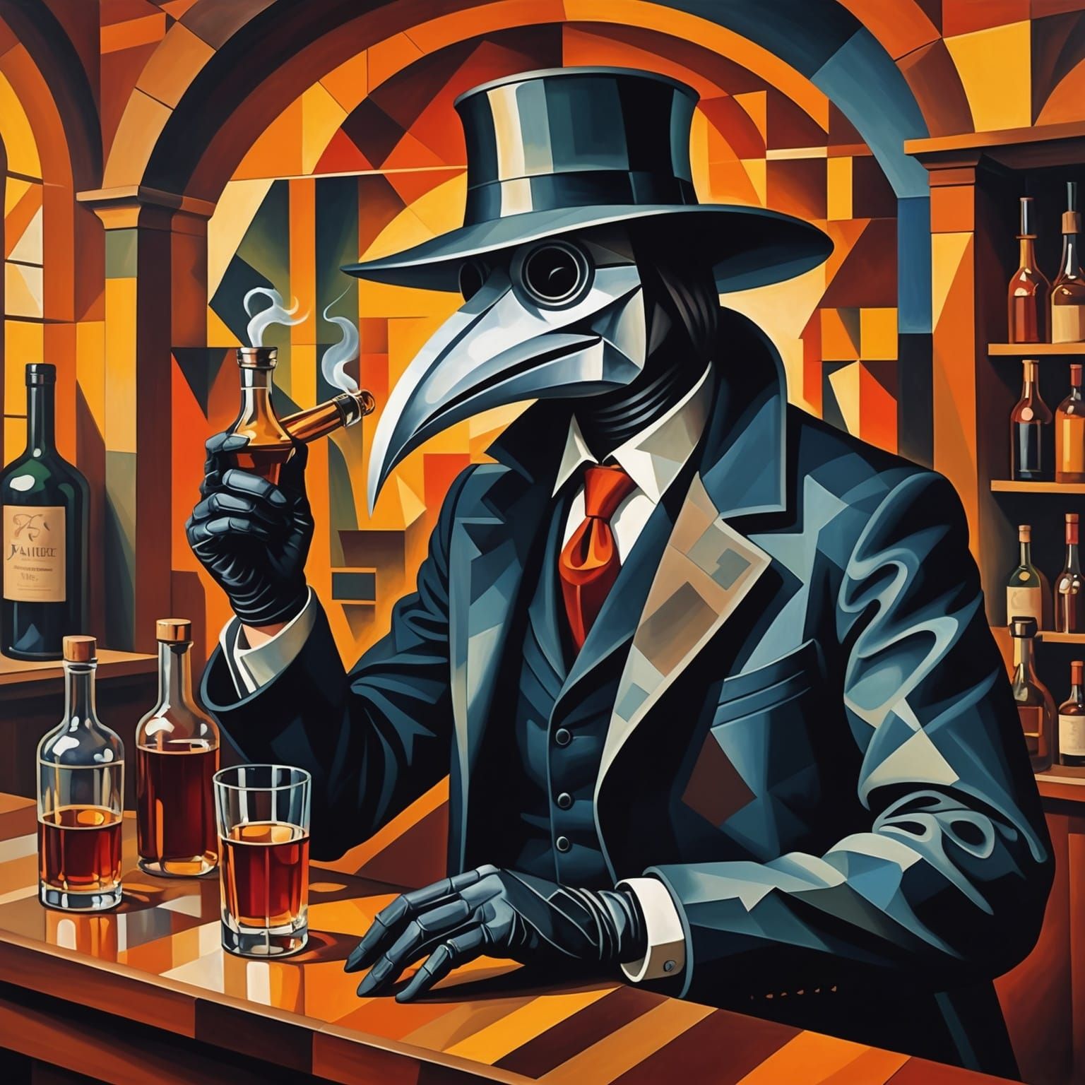 Plague Doctor Sipping Whiskey: Cubist Bar Scene