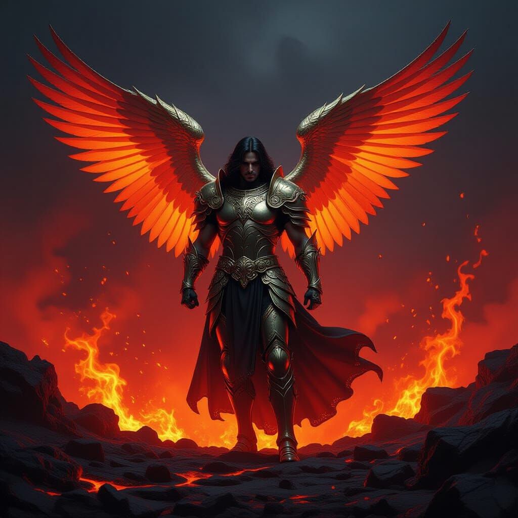 Angel in Gold and Silver Armor Amidst Lava Flow