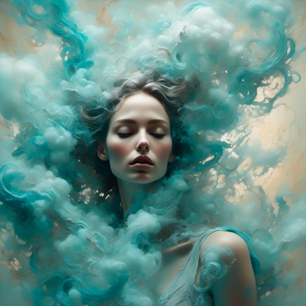 Woman in Smoke Cloud: Hyperrealistic Oil Painting