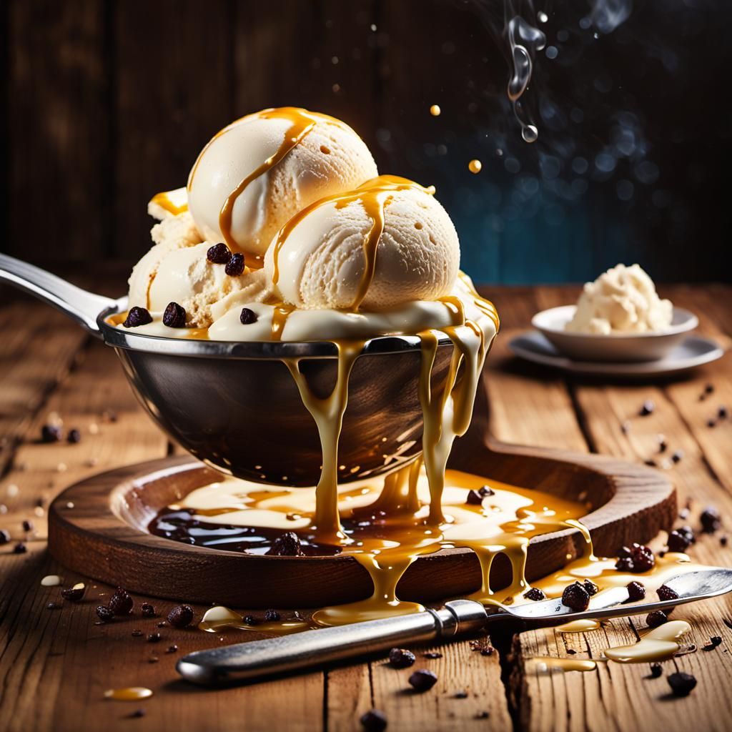 Melting Vanilla Ice Cream Scoop in Golden Hour