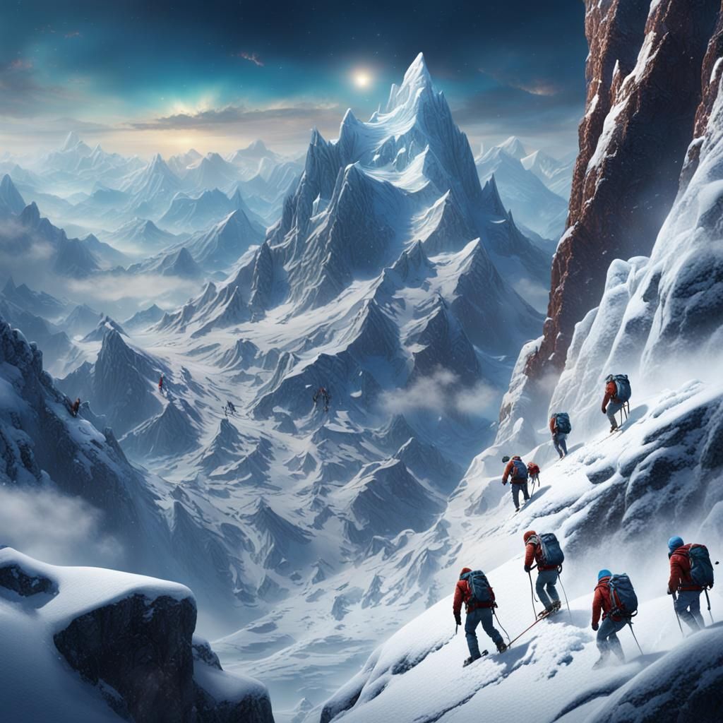 People Climbing Snowy Mountain: Detailed Matte Painting