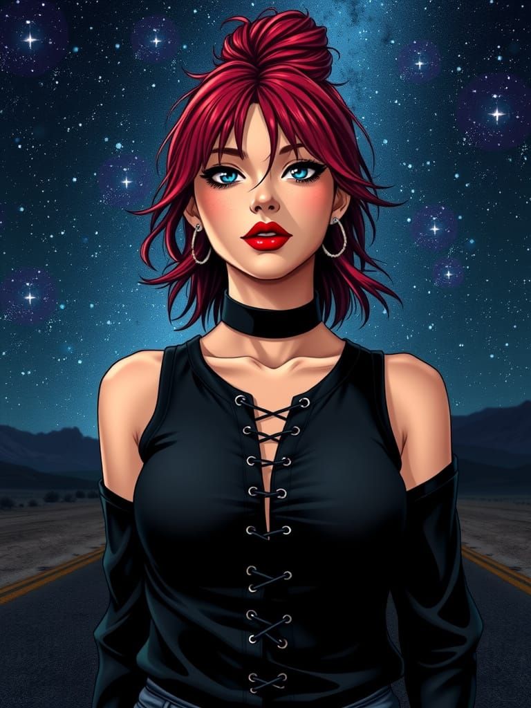 Beautiful Woman with Red Hair in Starry Night