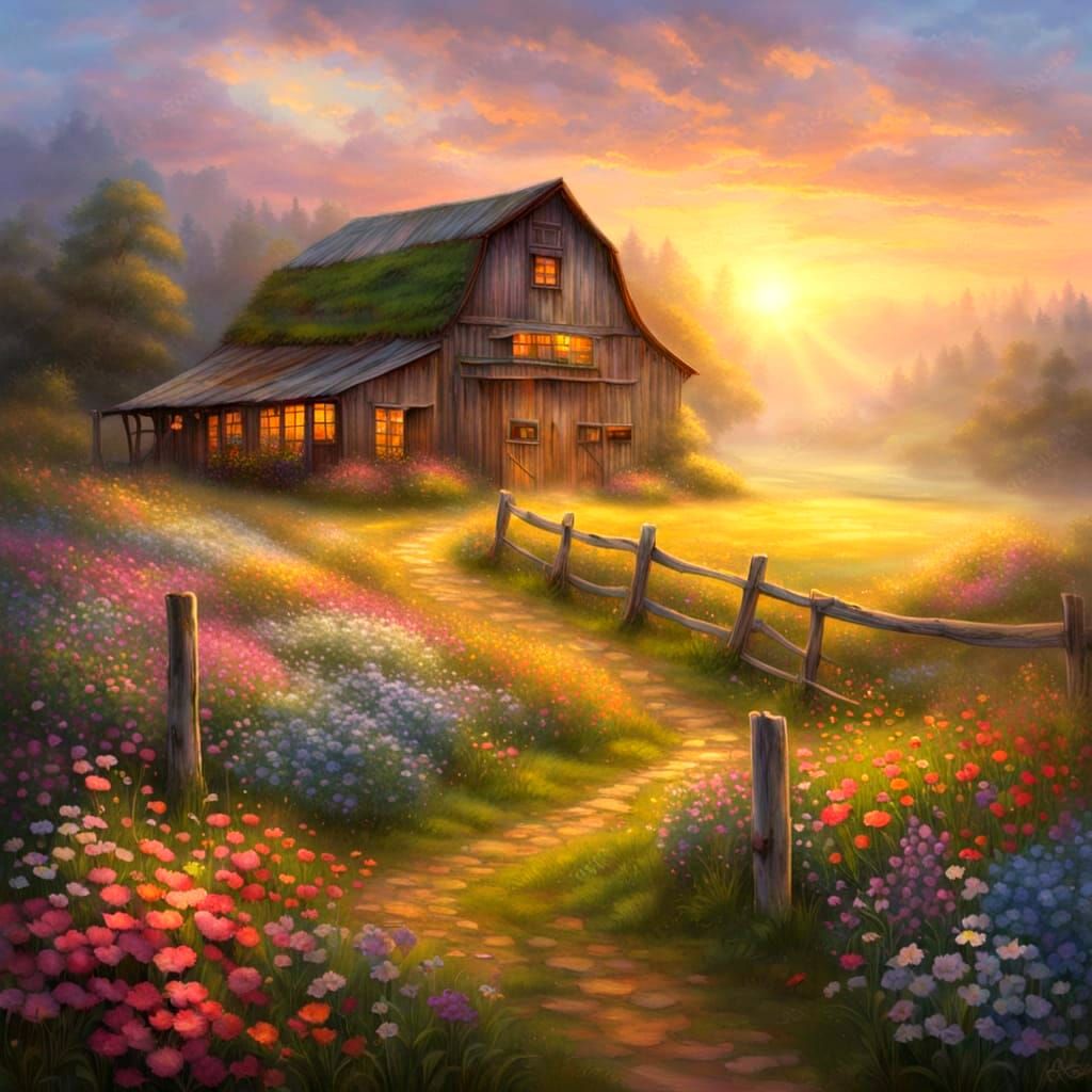 Luminous Barn in Wildflower Field