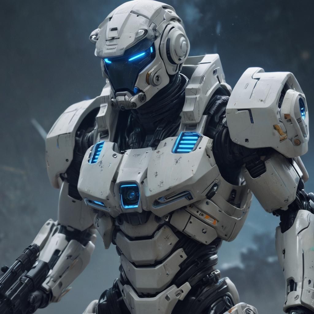 Futuristic Juggernaut Warrior in White Mech Suit